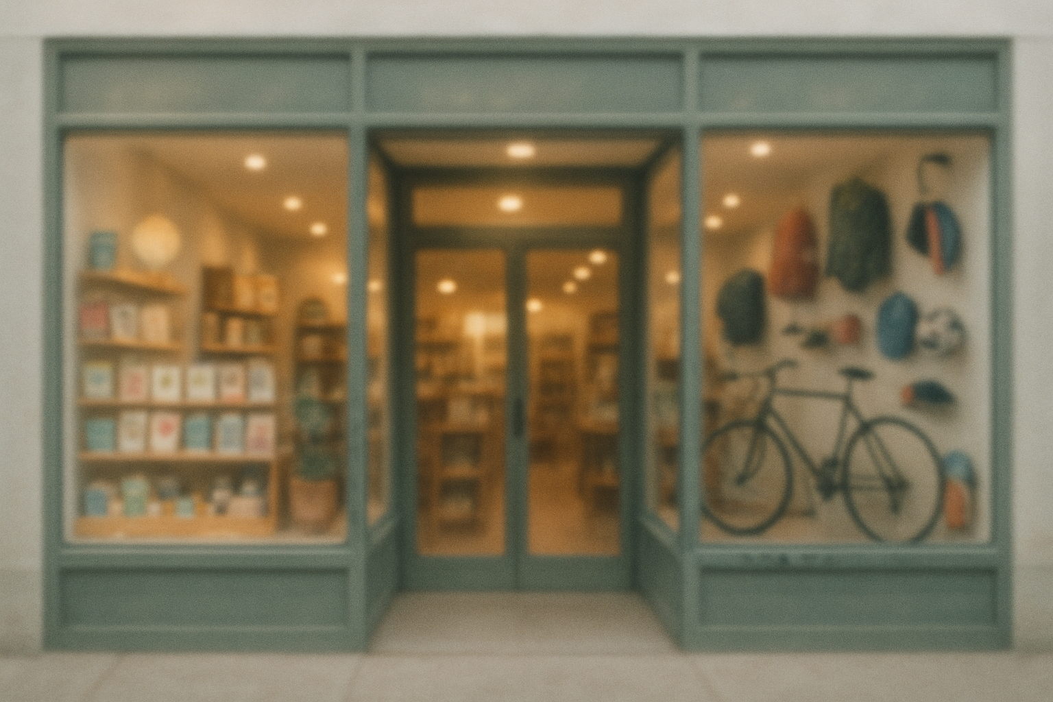 Generate a blurred storefront boutique without any branding or logos - keep it bright but less saturated in terms of colour. think a card shop or trinket shop mixed with a bike or sports shop